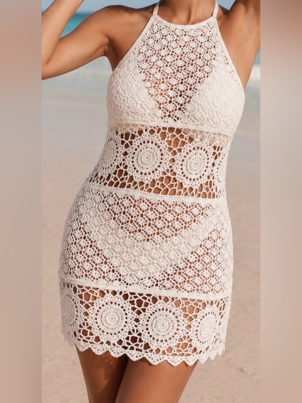 Hollister - White Crochet Halter Coverup Mini Dress